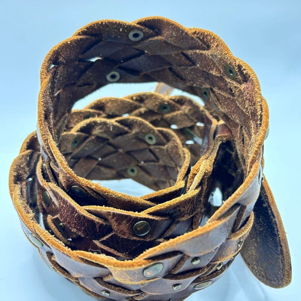 Vintage Wide Braided‎ Brown Leather Studded Belt Round Buckle Mahogany 1.75in OS
